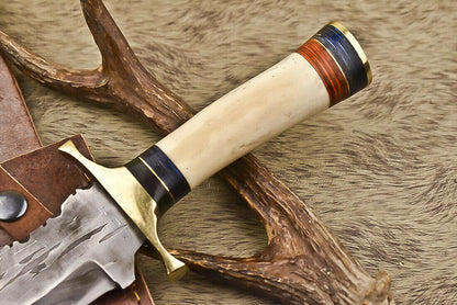 12.5" Handmade Damascus Steel Bowie Knife with Camel Bone Handle
