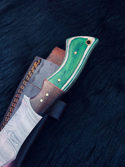 Heritage Forge 9 Inch Twist Damascus Steel Skinner Knife with camel bone Wood Handle