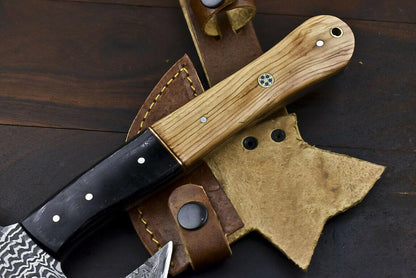 Rare Handmade Damascus Steel Olive Wood Hunting Clever Chopper Axe Knife with Leather Sheath
