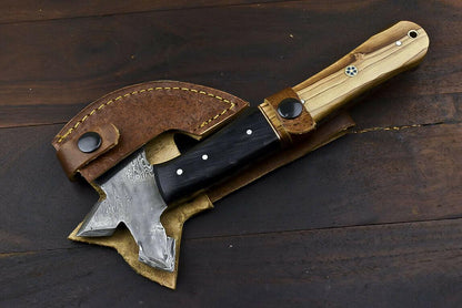 Rare Handmade Damascus Steel Olive Wood Hunting Clever Chopper Axe Knife with Leather Sheath