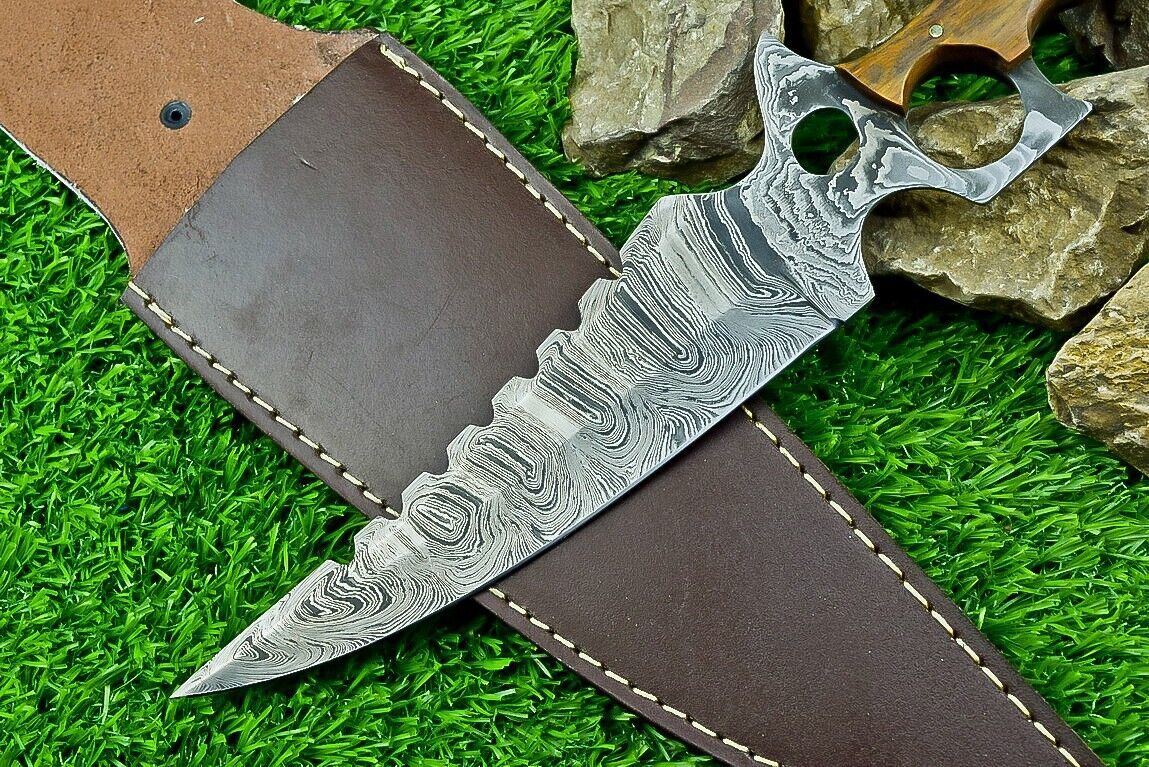 Heritage Forge 13 Inch Damascus Steel Bowie Hunting Knife with Camel Bone and Wood Handle