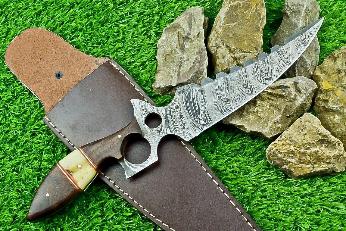 Heritage Forge 13 Inch Damascus Steel Bowie Hunting Knife with Camel Bone and Wood Handle