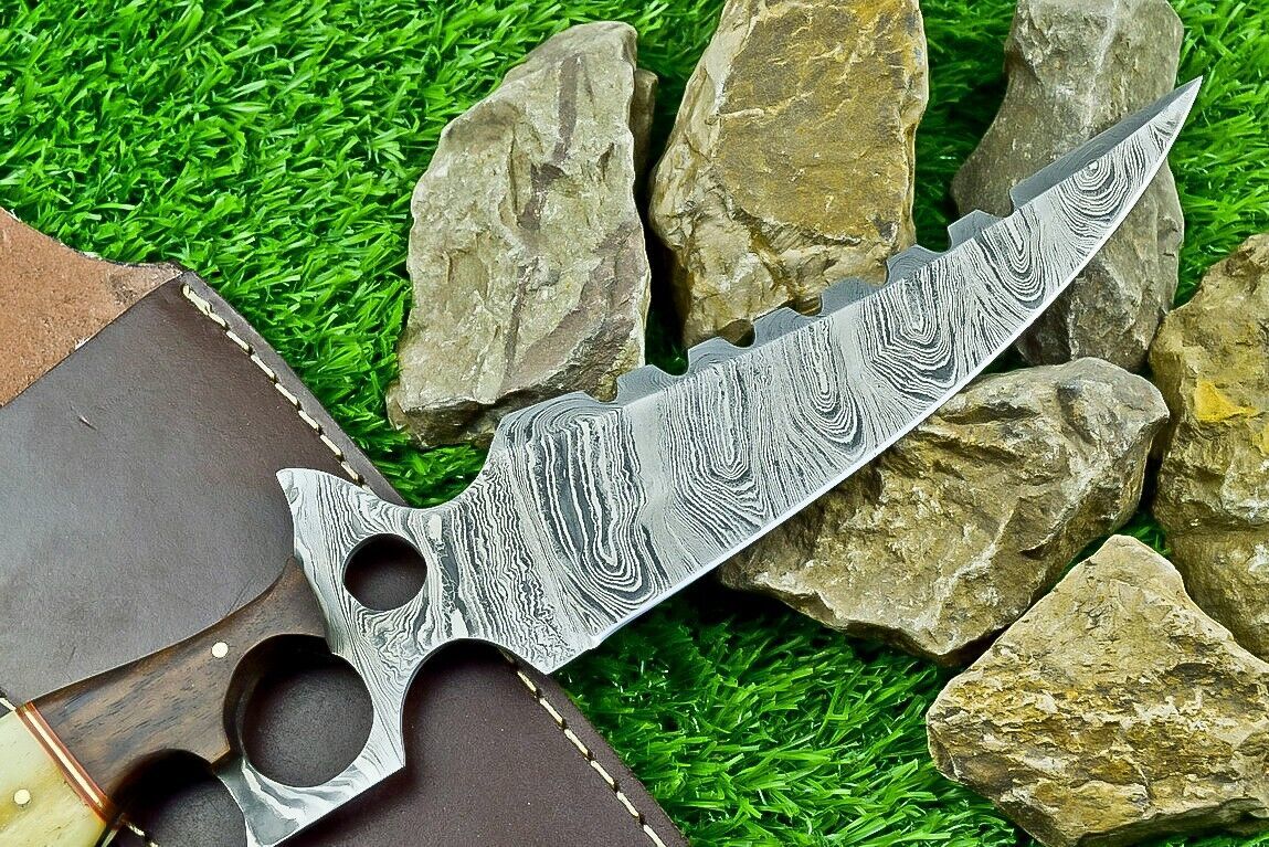 Heritage Forge 13 Inch Damascus Steel Bowie Hunting Knife with Camel Bone and Wood Handle