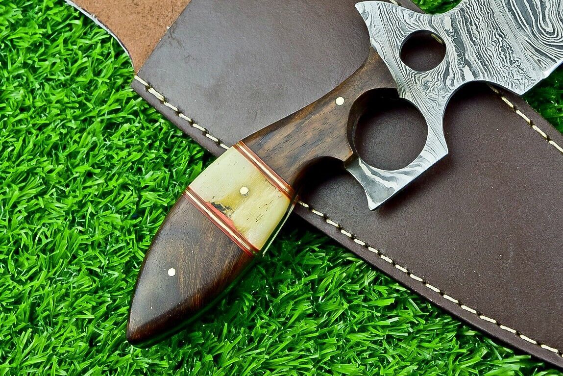 Heritage Forge 13 Inch Damascus Steel Bowie Hunting Knife with Camel Bone and Wood Handle