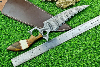 Heritage Forge 13 Inch Damascus Steel Bowie Hunting Knife with Camel Bone and Wood Handle