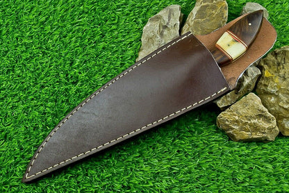 Heritage Forge 13 Inch Damascus Steel Bowie Hunting Knife with Camel Bone and Wood Handle