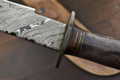 14.5" Damascus Steel Bowie Knife with Camel Bone Handle – Handmade Fixed Blade Hunting Knife