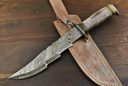 14.5" Damascus Steel Bowie Knife with Camel Bone Handle – Handmade Fixed Blade Hunting Knife