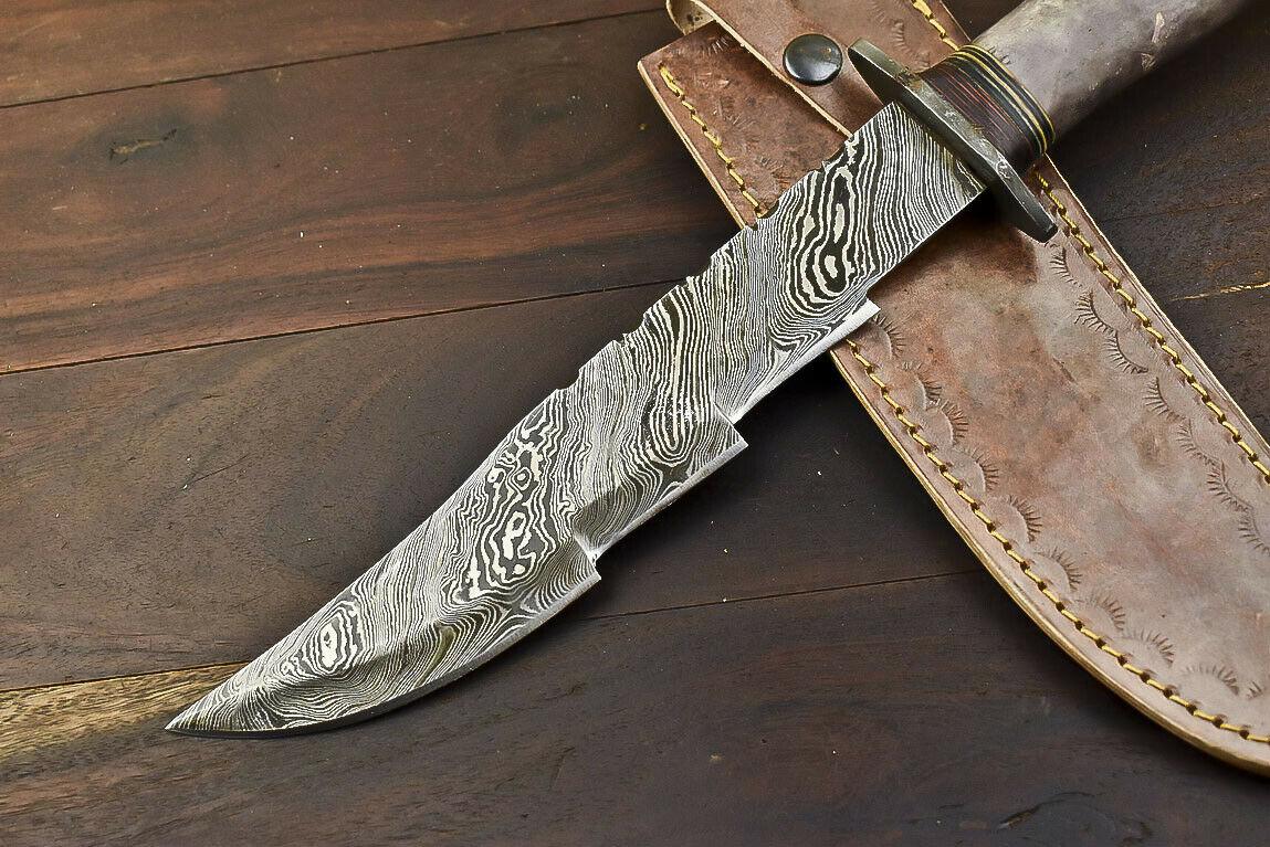 14.5" Damascus Steel Bowie Knife with Camel Bone Handle – Handmade Fixed Blade Hunting Knife