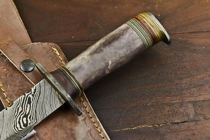 14.5" Damascus Steel Bowie Knife with Camel Bone Handle – Handmade Fixed Blade Hunting Knife