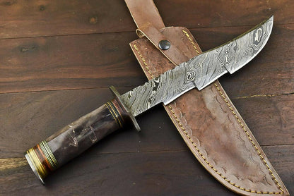 14.5" Damascus Steel Bowie Knife with Camel Bone Handle – Handmade Fixed Blade Hunting Knife