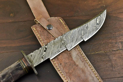 14.5" Damascus Steel Bowie Knife with Camel Bone Handle – Handmade Fixed Blade Hunting Knife