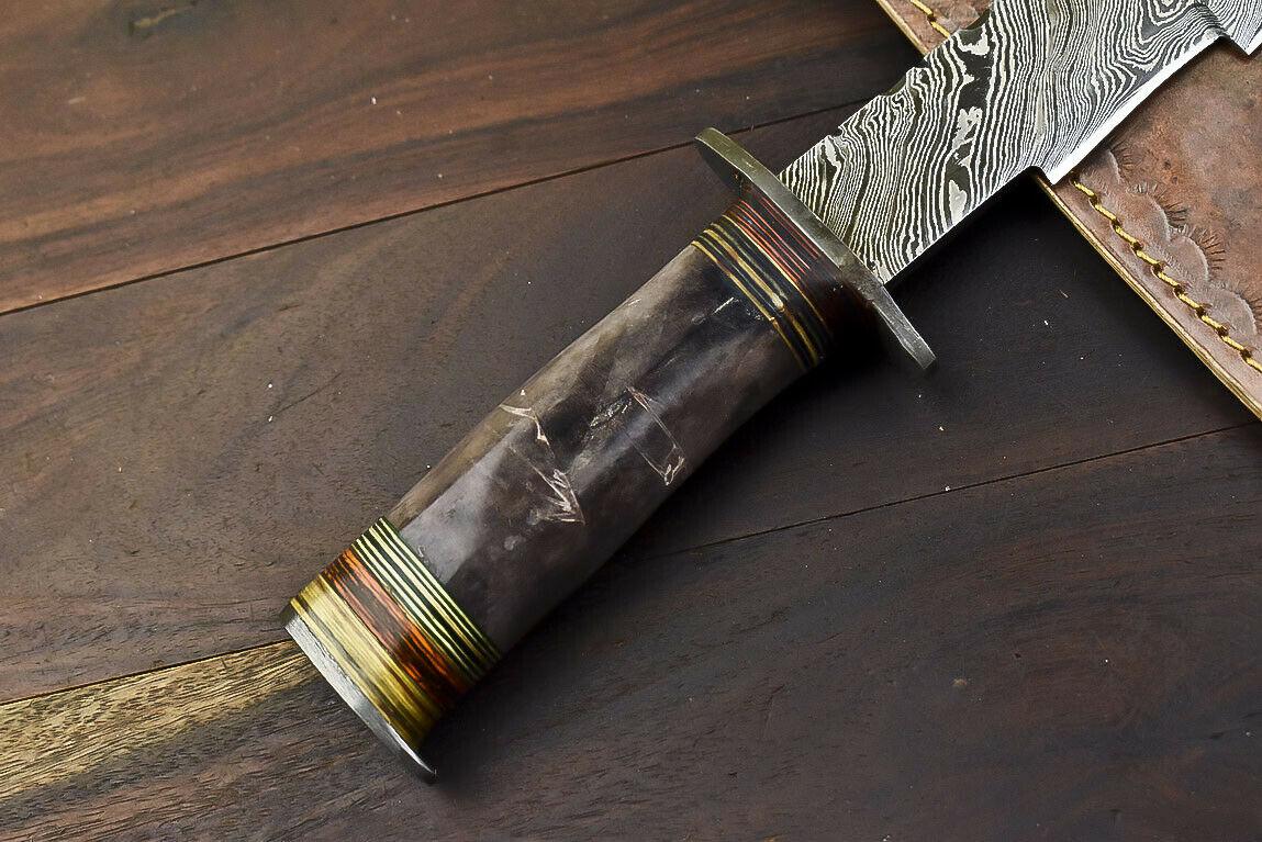 14.5" Damascus Steel Bowie Knife with Camel Bone Handle – Handmade Fixed Blade Hunting Knife