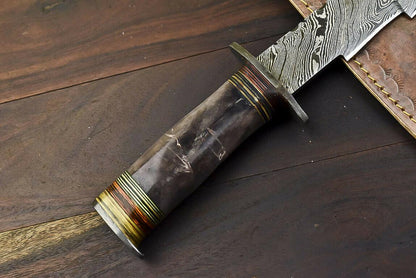 14.5" Damascus Steel Bowie Knife with Camel Bone Handle – Handmade Fixed Blade Hunting Knife