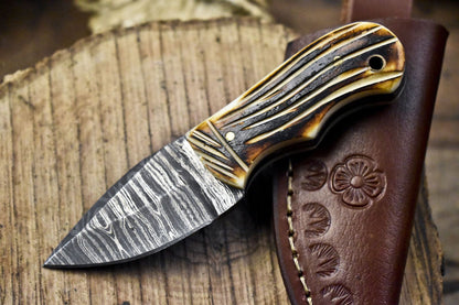 Miniature Twist Damascus Skinner Knife with Bone Handle for Fishing and Hunting