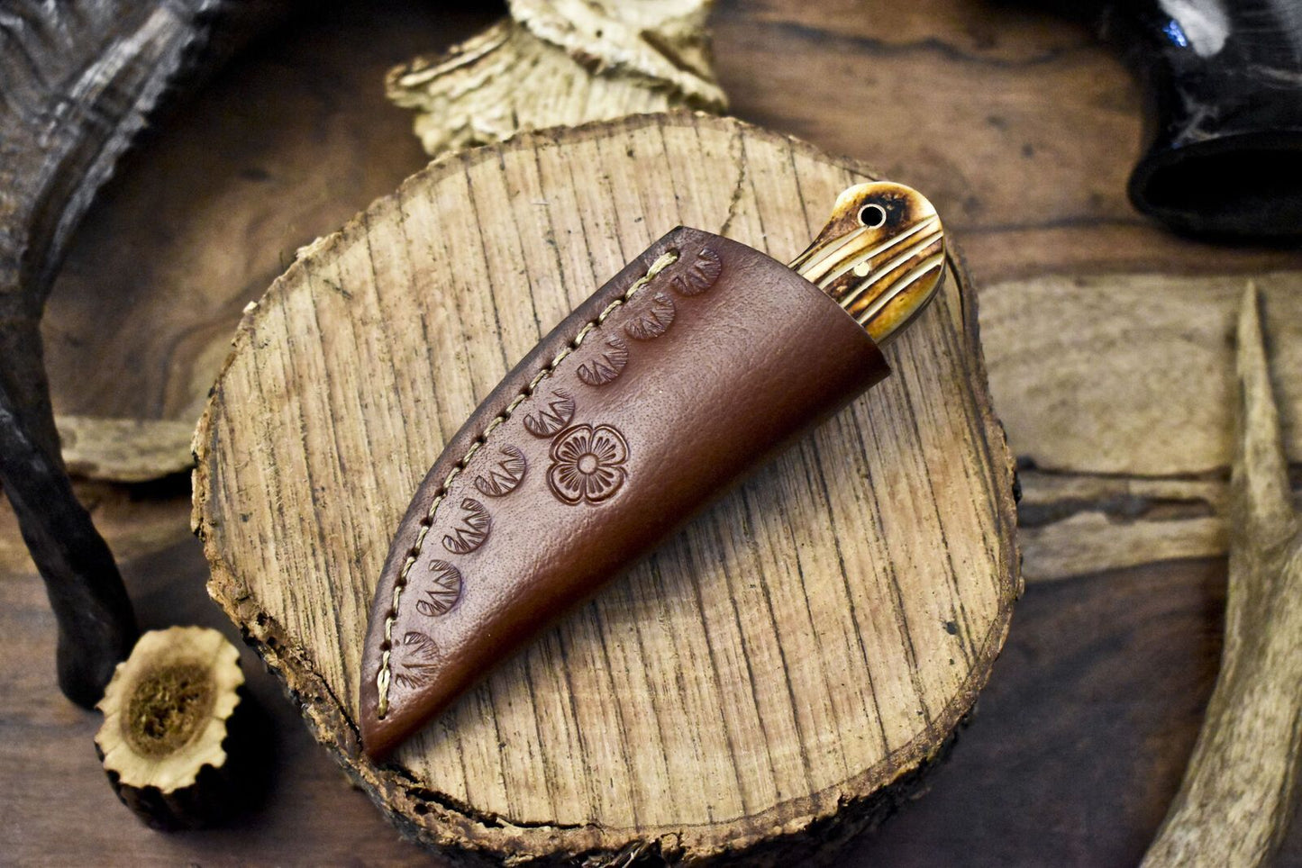 Miniature Twist Damascus Skinner Knife with Bone Handle for Fishing and Hunting