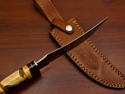 Handmade 12 Inch D2 Steel Blade Bowie Hunting Knife – Stained Engraved Bone Handle