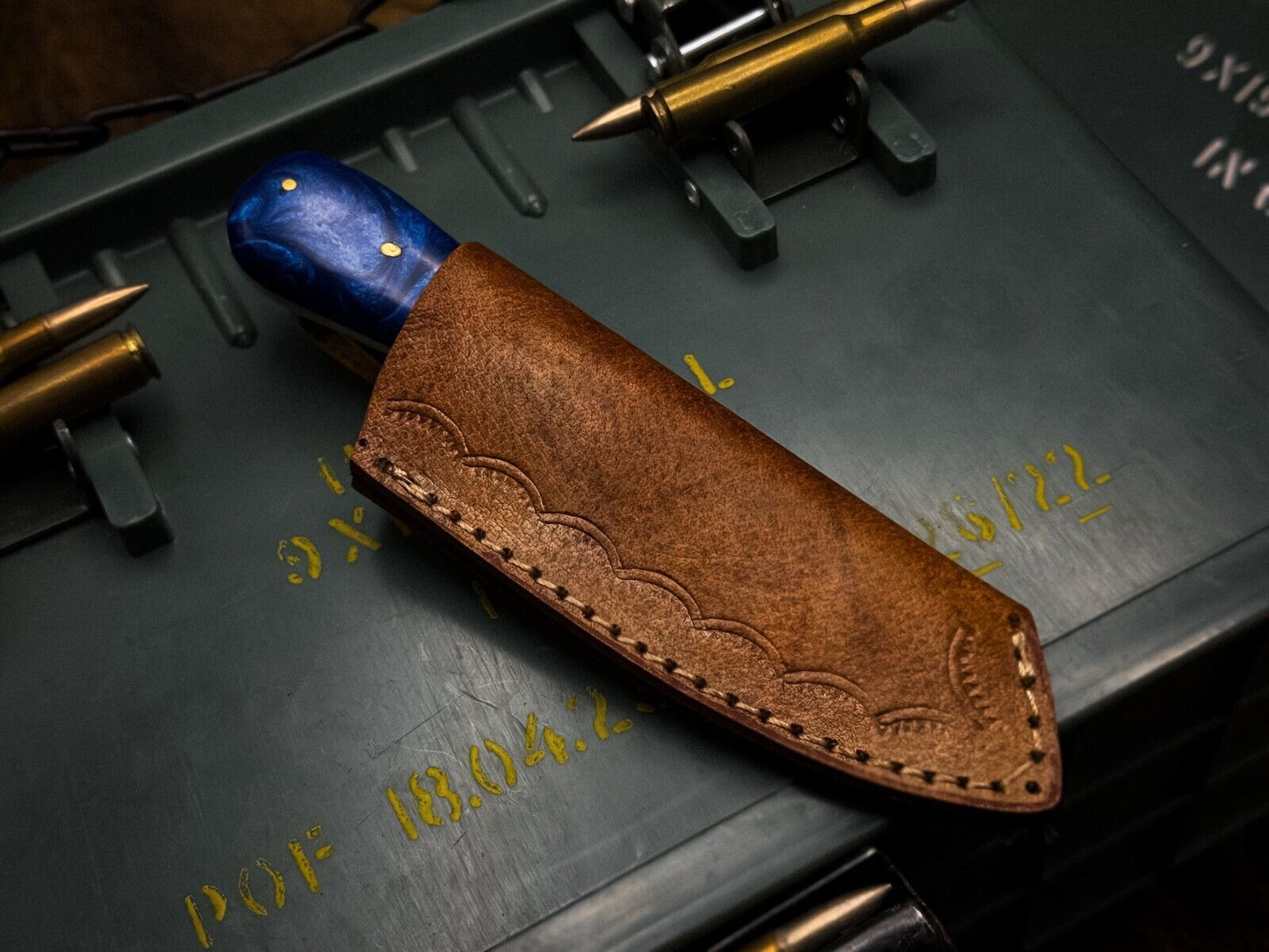 Damascus Skinner Knife – 2-3" Stainless Steel Blade with Resin Handle & Cow Leather Sheath