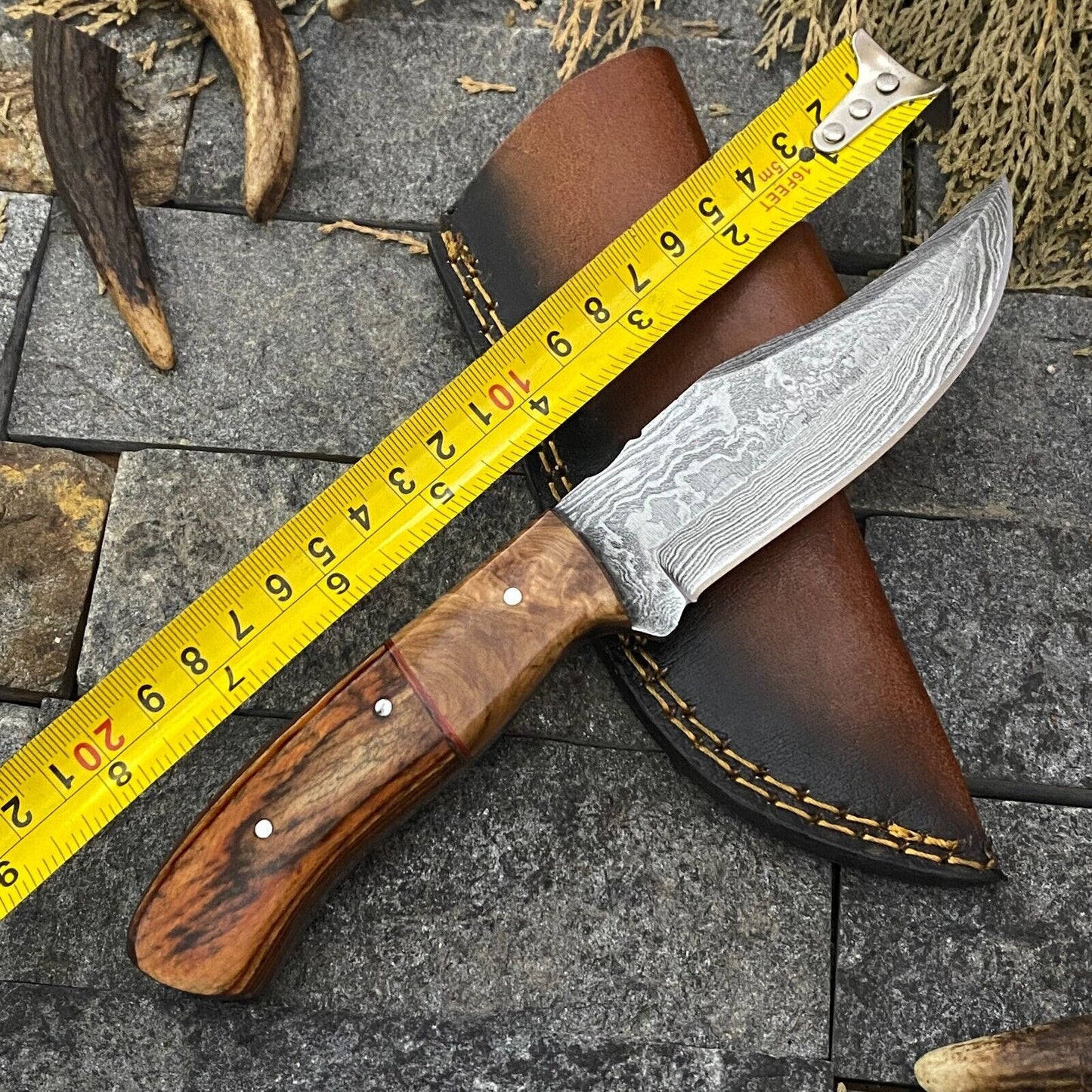 Heritage Forge 8 Inch Damascus Steel Skinner Hunting Knife with Wood Handle and Sheath