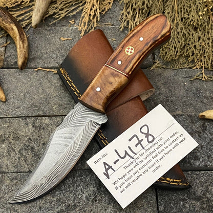 Heritage Forge 8 Inch Damascus Steel Skinner Hunting Knife with Wood Handle and Sheath