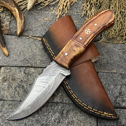 Heritage Forge 8 Inch Damascus Steel Skinner Hunting Knife with Wood Handle and Sheath
