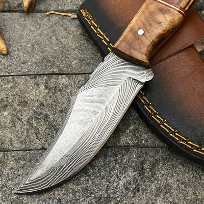 Heritage Forge 8 Inch Damascus Steel Skinner Hunting Knife with Wood Handle and Sheath