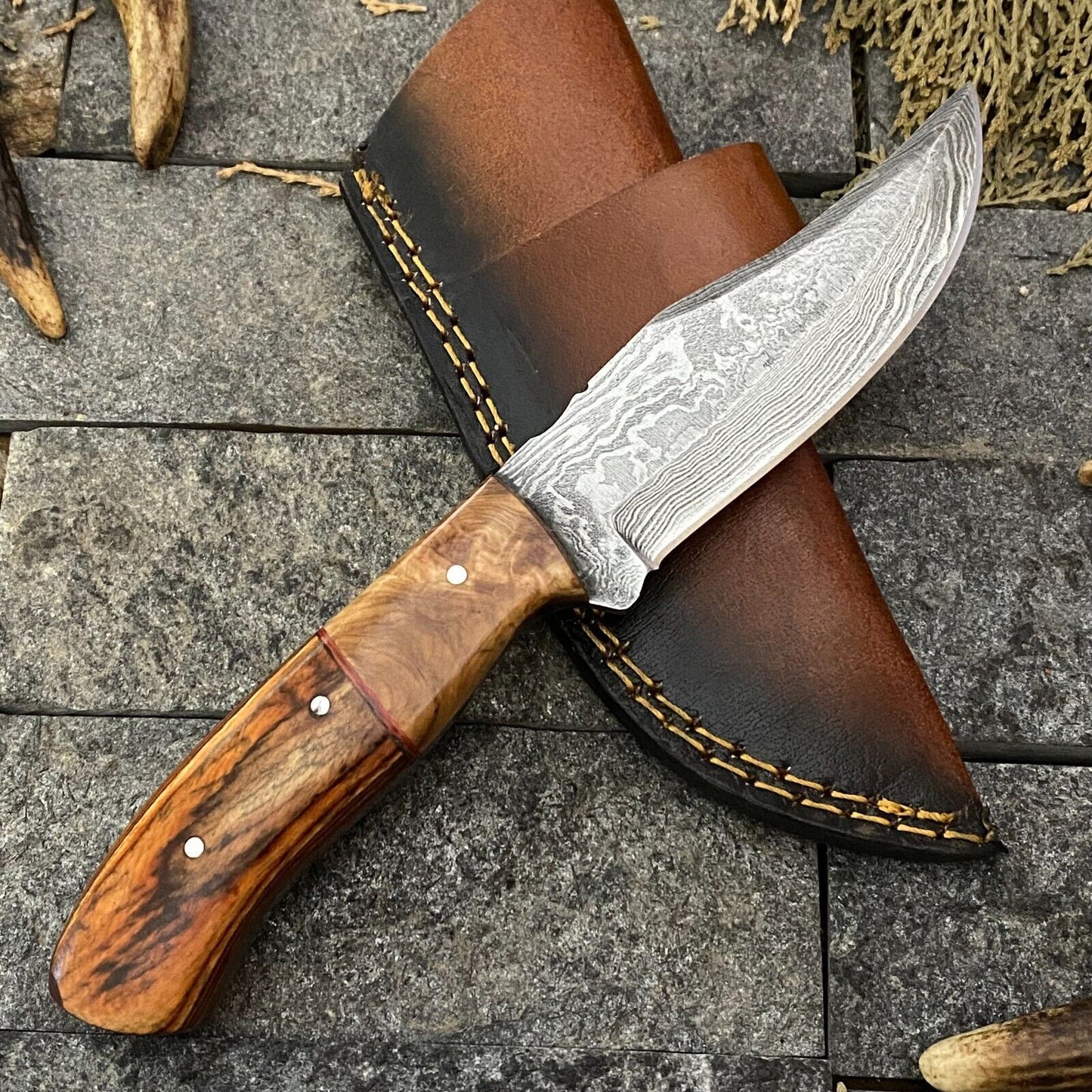 Heritage Forge 8 Inch Damascus Steel Skinner Hunting Knife with Wood Handle and Sheath