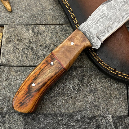 Heritage Forge 8 Inch Damascus Steel Skinner Hunting Knife with Wood Handle and Sheath