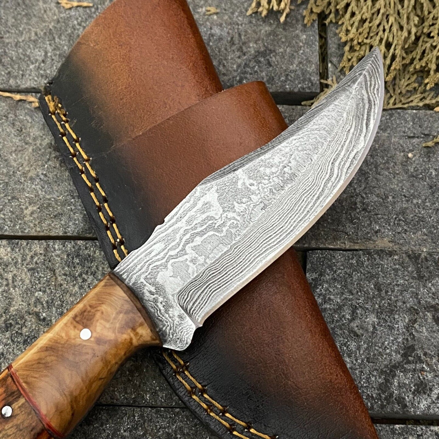 Heritage Forge 8 Inch Damascus Steel Skinner Hunting Knife with Wood Handle and Sheath