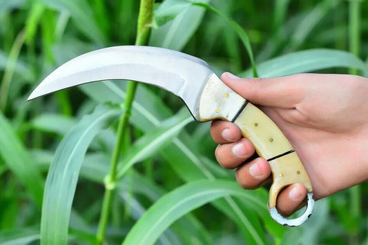 Custom Hand Forged D2 Steel Karambit Knife with Bone Handle and Leather Sheath