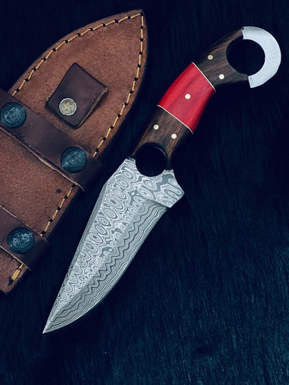 8.5" Fire Pattern Damascus Bowie Knife – Camel Bone & Wood Handle