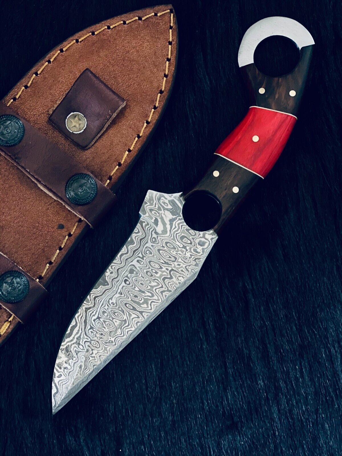 8.5" Fire Pattern Damascus Bowie Knife – Camel Bone & Wood Handle