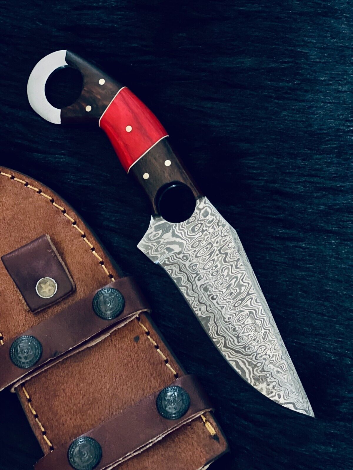 8.5" Fire Pattern Damascus Bowie Knife – Camel Bone & Wood Handle