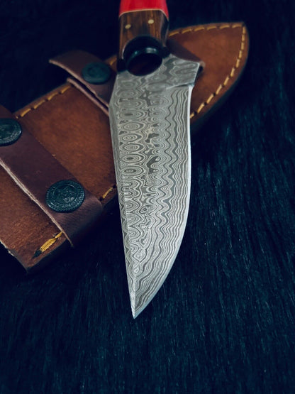 8.5" Fire Pattern Damascus Bowie Knife – Camel Bone & Wood Handle