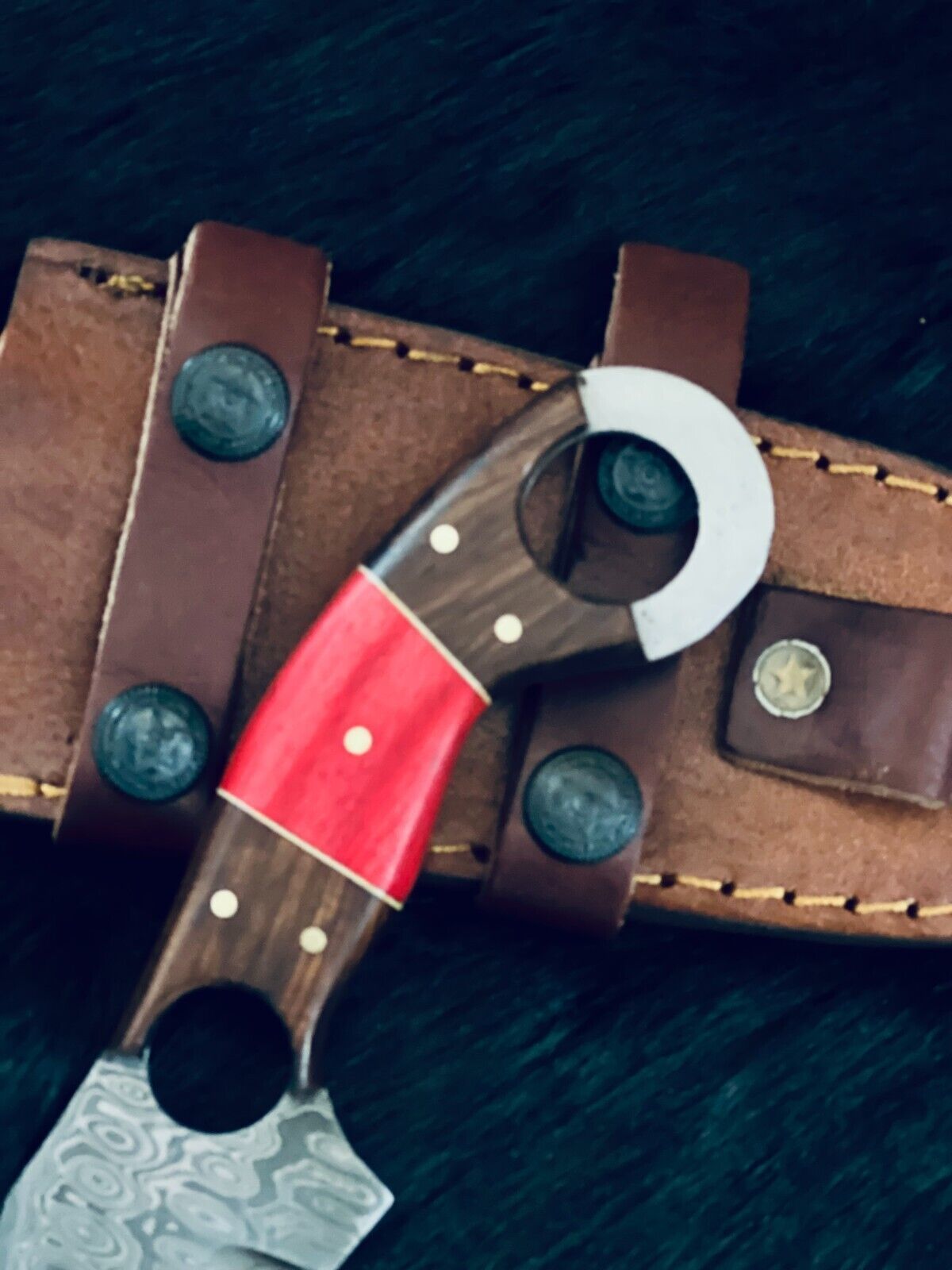 8.5" Fire Pattern Damascus Bowie Knife – Camel Bone & Wood Handle
