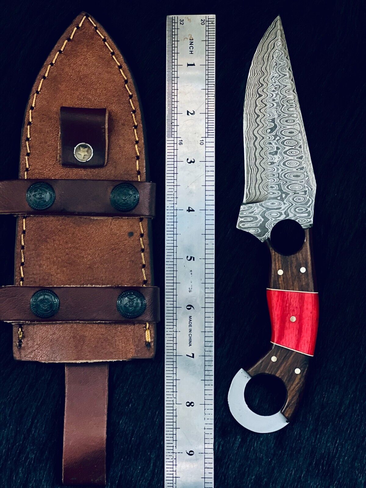 8.5" Fire Pattern Damascus Bowie Knife – Camel Bone & Wood Handle