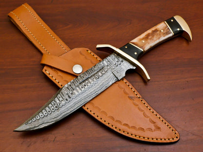 12 Inch Handmade Damascus Steel Bowie Hunting Knife with Camel Bone and Bull Horn Handle