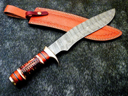 17 Inch Handmade Damascus Steel Hunting Bowie Knife with Camel Bone and Hardwood Handle