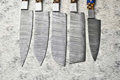 Lot Of 5 Handmade Damascus Hammered Full Tang Chef Set Knives with Hard Wood Handles
