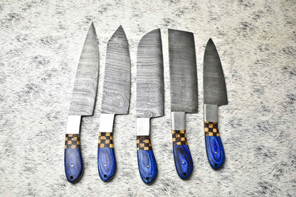 Lot Of 5 Handmade Damascus Hammered Full Tang Chef Set Knives with Hard Wood Handles