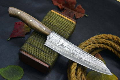 Custom San Mai Damascus Steel Chef Knife Handmade Walnut Handle