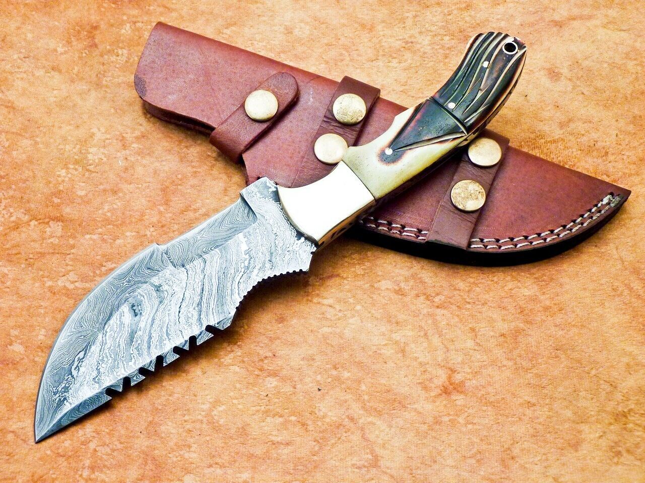10" Handmade Damascus Tracker Bowie Knife – Camel Bone & Brass Bolster
