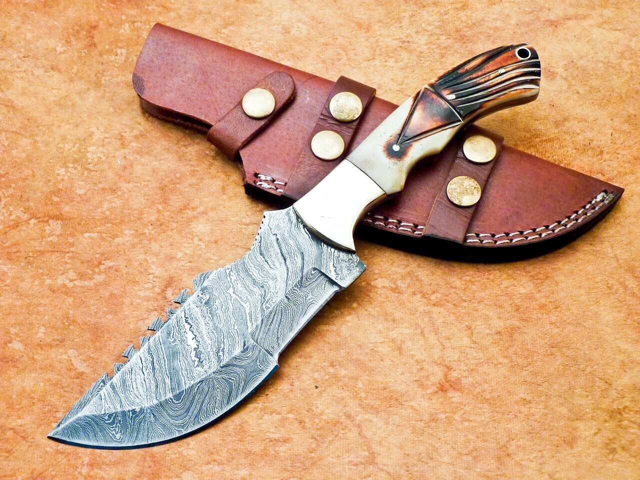 10" Handmade Damascus Tracker Bowie Knife – Camel Bone & Brass Bolster