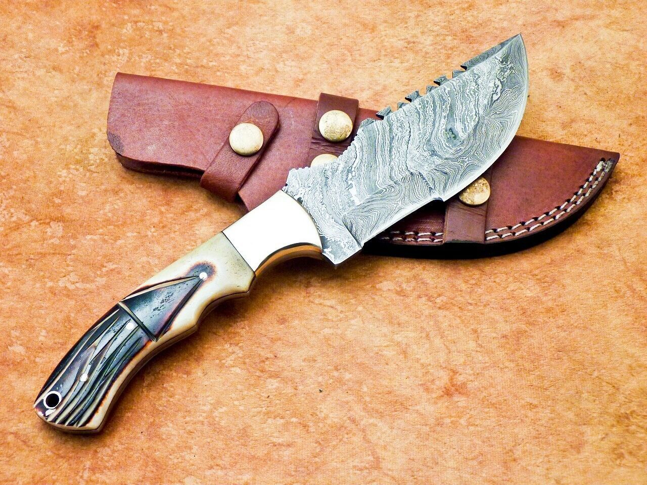 10" Handmade Damascus Tracker Bowie Knife – Camel Bone & Brass Bolster