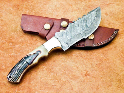 10" Handmade Damascus Tracker Bowie Knife – Camel Bone & Brass Bolster