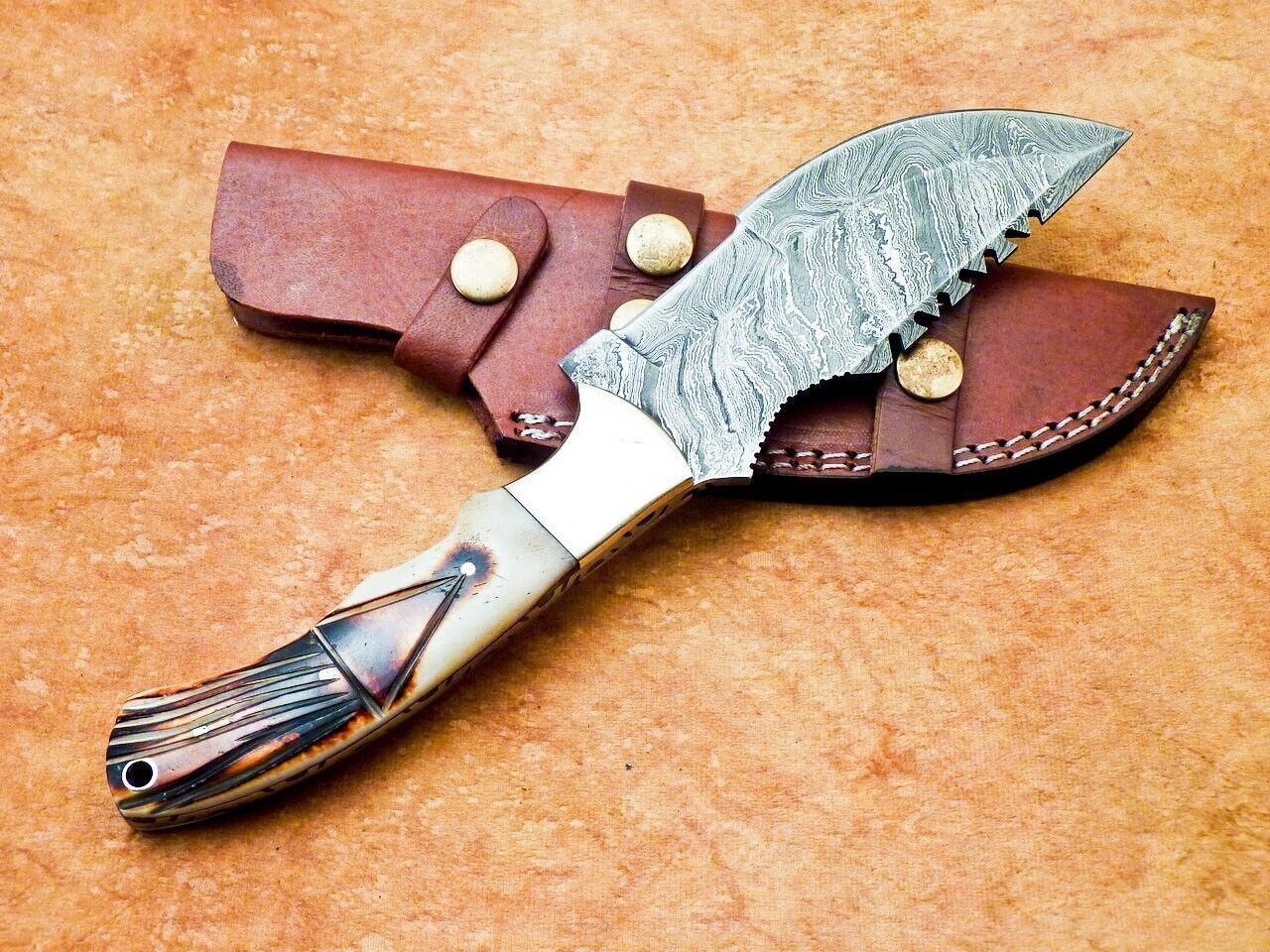 10" Handmade Damascus Tracker Bowie Knife – Camel Bone & Brass Bolster