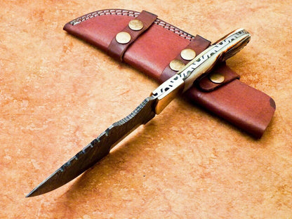 10" Handmade Damascus Tracker Bowie Knife – Camel Bone & Brass Bolster