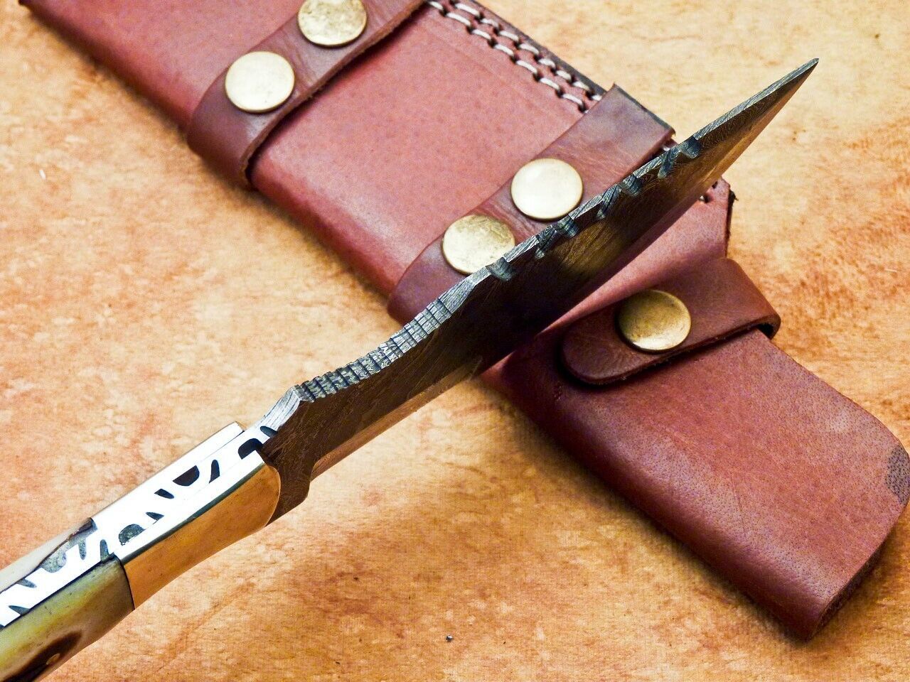 10" Handmade Damascus Tracker Bowie Knife – Camel Bone & Brass Bolster