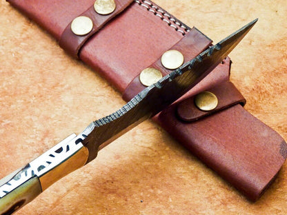 10" Handmade Damascus Tracker Bowie Knife – Camel Bone & Brass Bolster