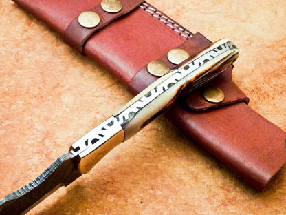 10" Handmade Damascus Tracker Bowie Knife – Camel Bone & Brass Bolster